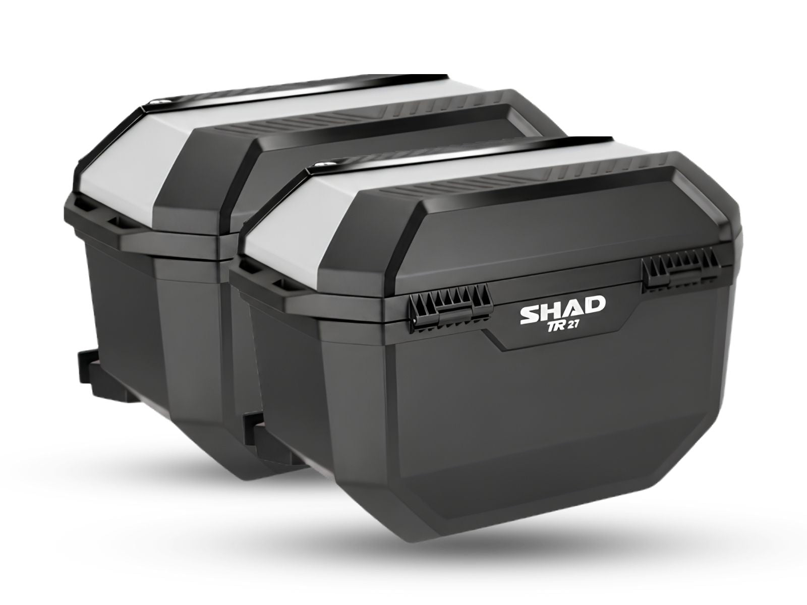  SHAD TR27 aluminium covers panniers motorcycle side cases shown at an angle on a white background.